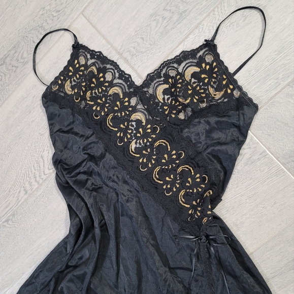 Vintage Slip Dress Maxi Lace Black Gold Y2K Sexy Bows Fashion Bug Size Large - Picture 2 of 11